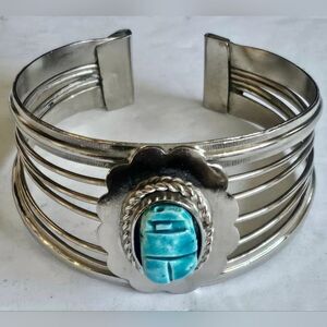 Vtg Blue Ceramic Scarab Overlay Cuff Bracelet Silver Tone EUC